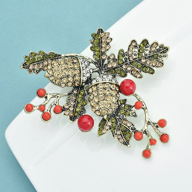 Wuli&baby Beautiful Pine-cone Flower Brooches For Women Unisex Vintage Shining Rhinestone Plants Christmas New Year Brooch Pins