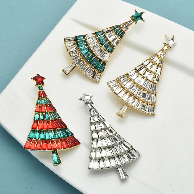 Wuli&baby Shining Christmas Tree Brooches For Women Unisex 4-color Rhinestone New Year Plants Party Office Brooch Pins Gifts