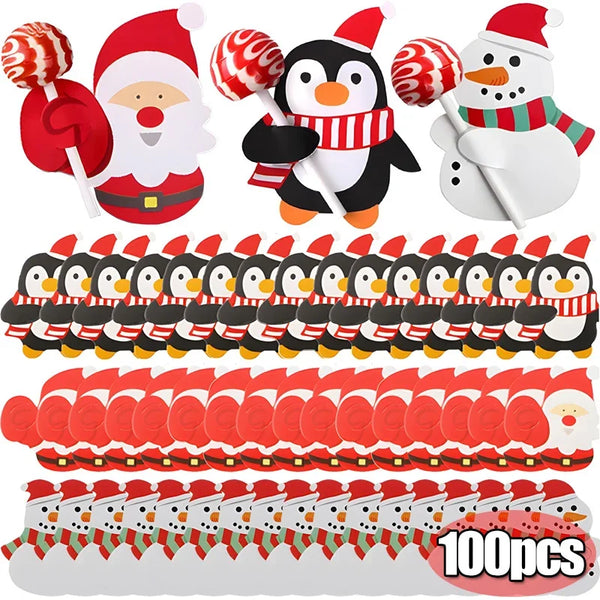 100/25Pcs Christmas Lollipop Paper Cards Santa Penguin Snowman DIY Candy Holders Package Kids Gifts New Year Party Decoration